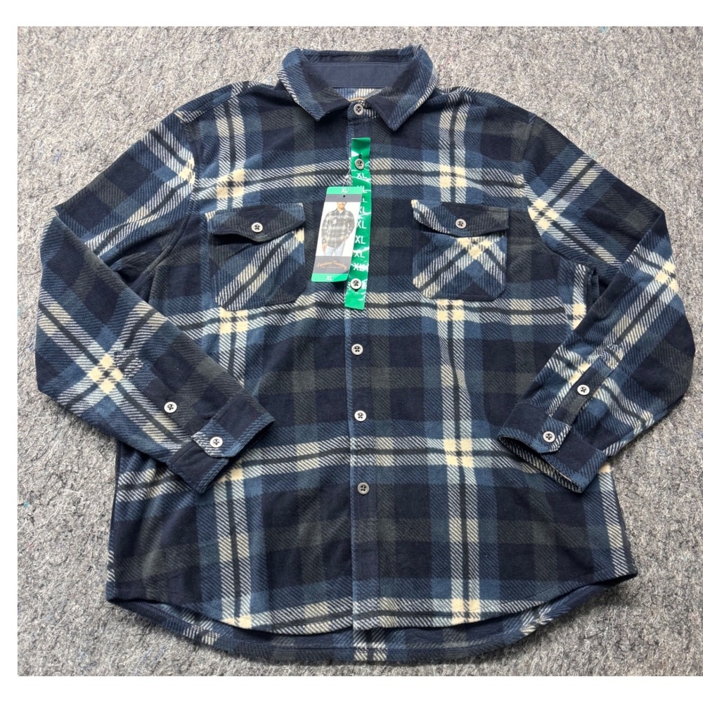 Freedom Foundry‎ Mens XL Blue Plaid Fleece Shirt Double Pocket Metal Button NWT